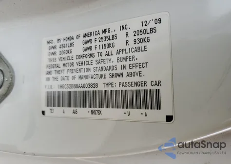 2010 Honda Accord Exl from USA, damaged, VIN 1HGCS2B88AA003828